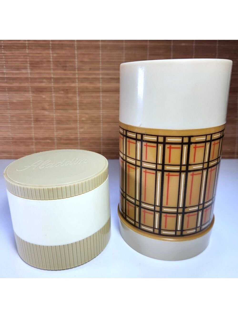 Vintage Aladdin Thermos Pair • Plaid & Beige • 1960s